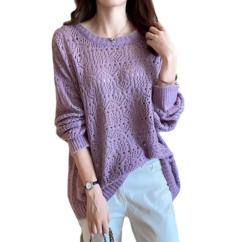 Women's Purple Hollow Knit Long Sleeve Blouse