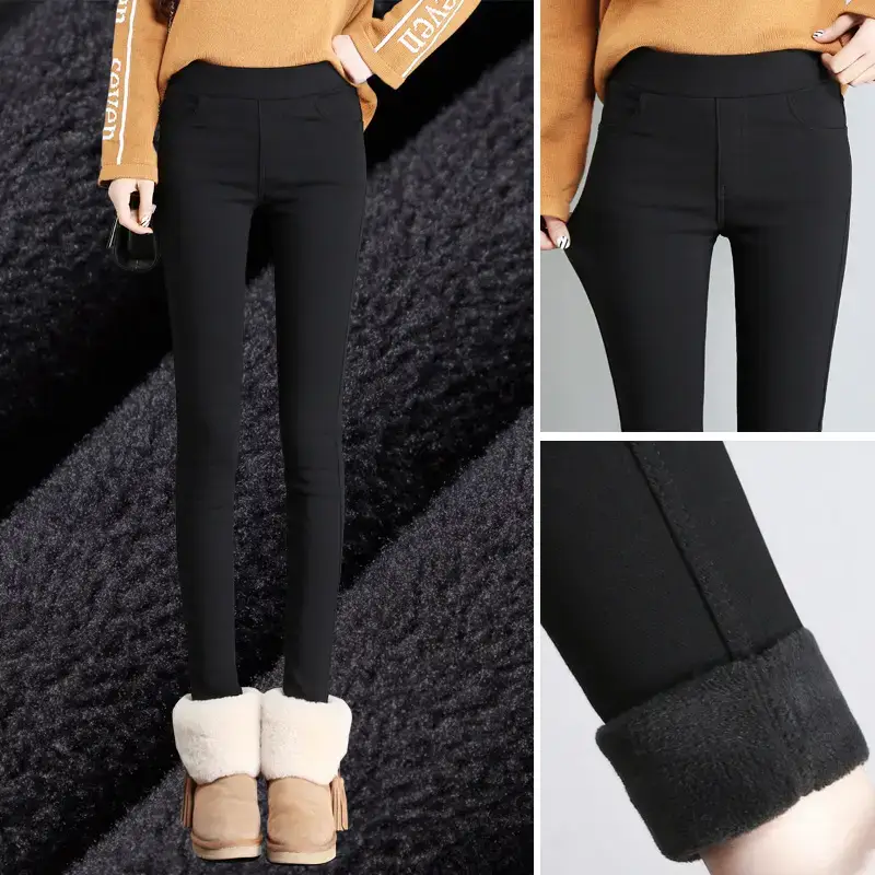 Black elastic trousers [winter fleece-lined thickening]]
