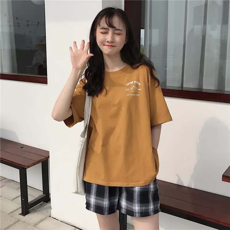 Women Printed T-Shirt Brown Plaid Shorts Set