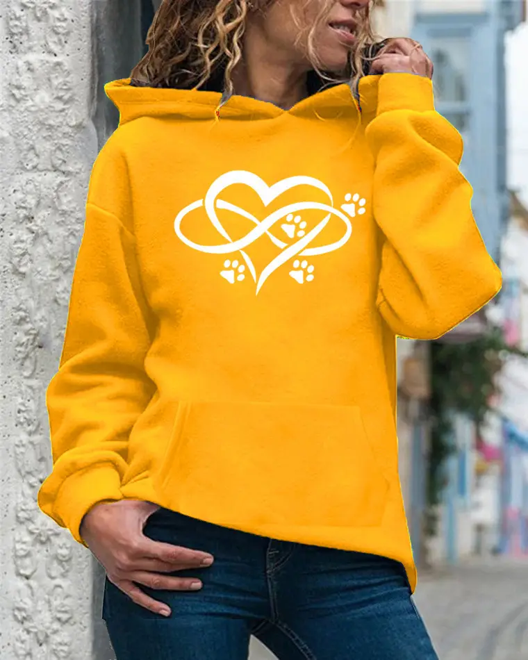 Women's Yellow Hoodie with Heart & Paw Print