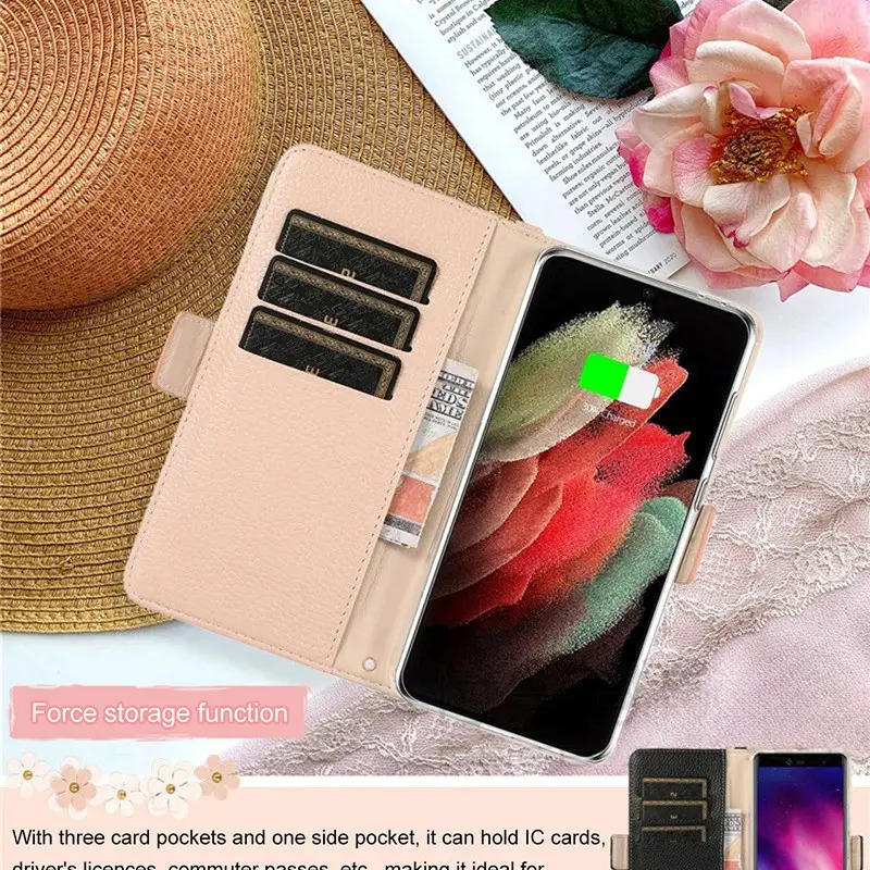 Light Gray Floral Leather Phone Case with Magnetic Closure