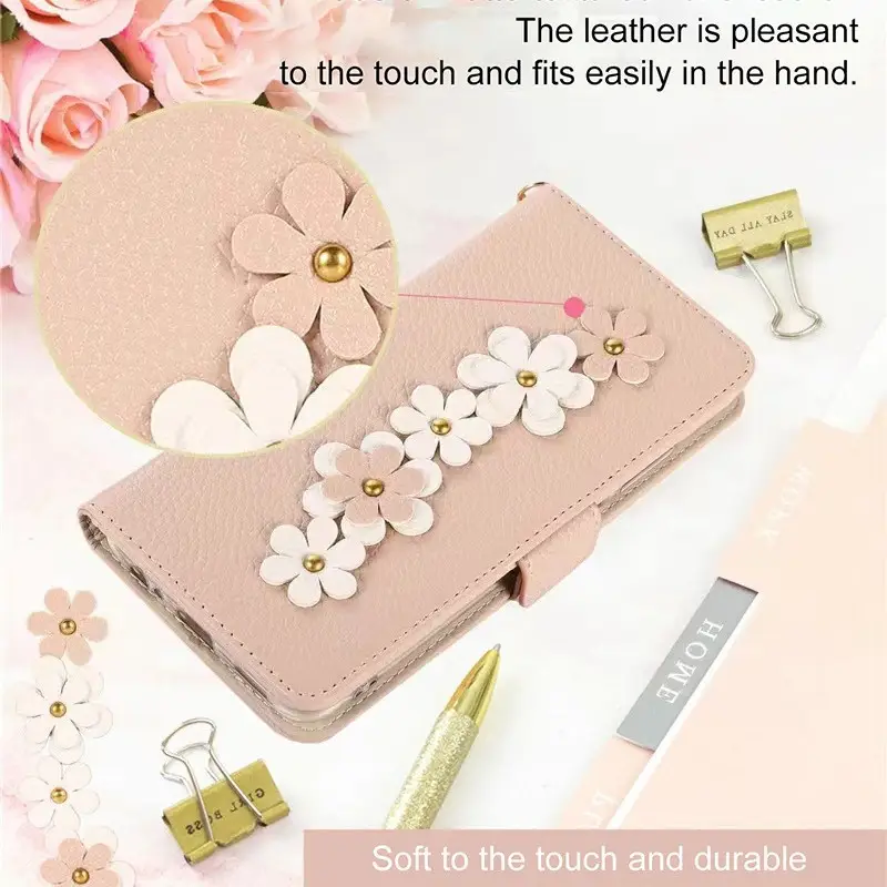 Light Gray Floral Leather Phone Case with Magnetic Closure