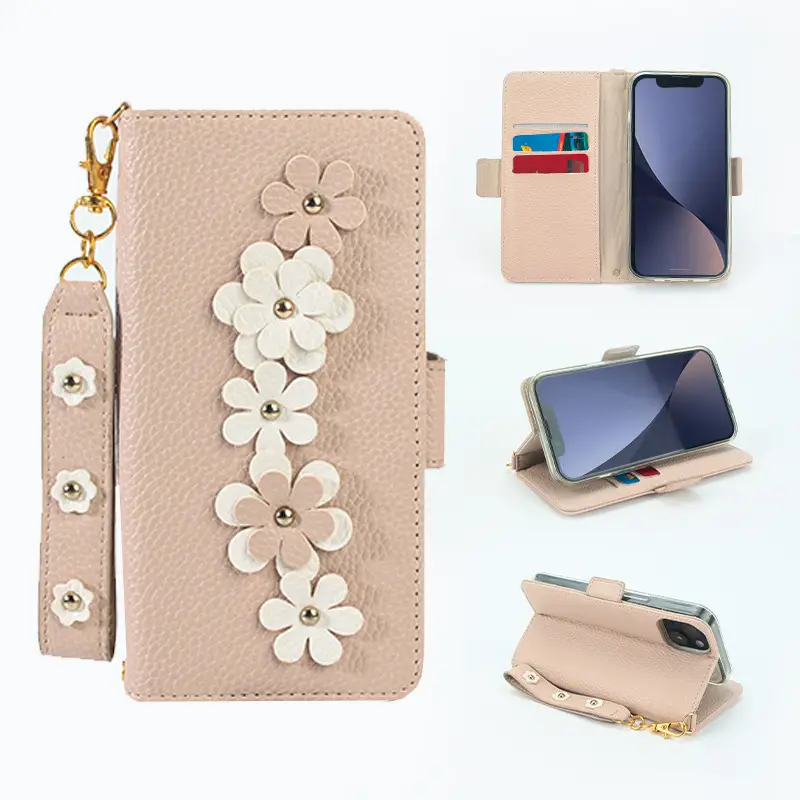 Light Gray Floral Leather Phone Case with Magnetic Closure