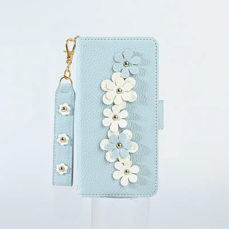 Light Gray Floral Leather Phone Case with Magnetic Closure