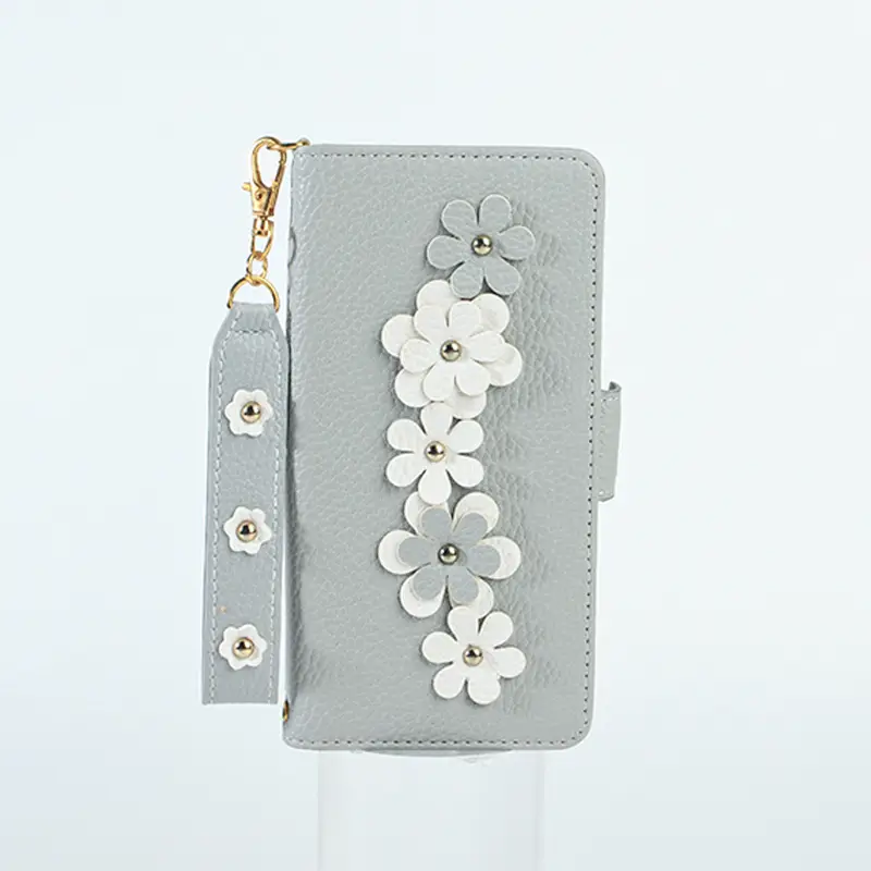 Light Gray Floral Leather Phone Case with Magnetic Closure
