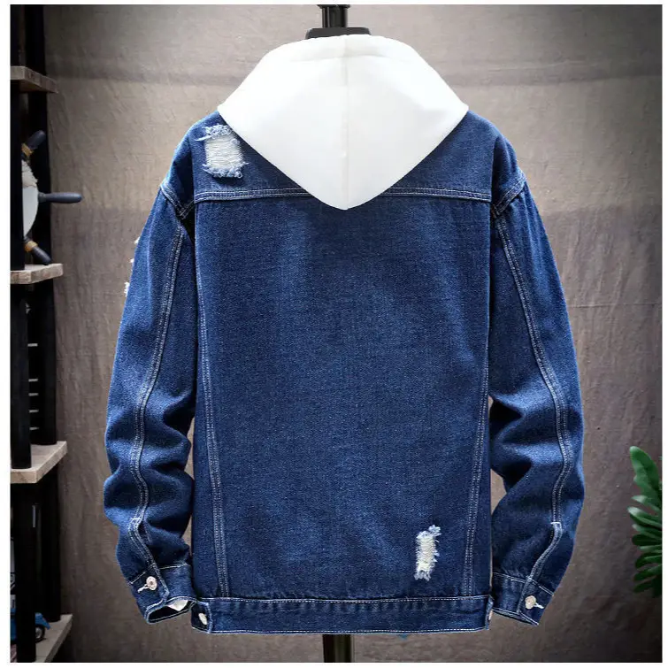 Men's Light Blue Ripped Denim Hoodie Korean Style - Image 4