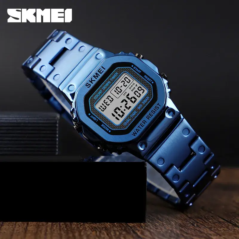 SKMEI Digital Men's Watch Silver Steel Band Waterproof
