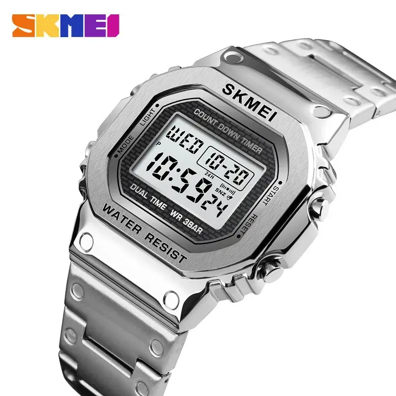 SKMEI Digital Men's Watch Silver Steel Band Waterproof