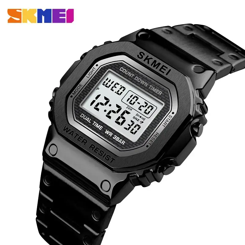 SKMEI Digital Men's Watch Silver Steel Band Waterproof