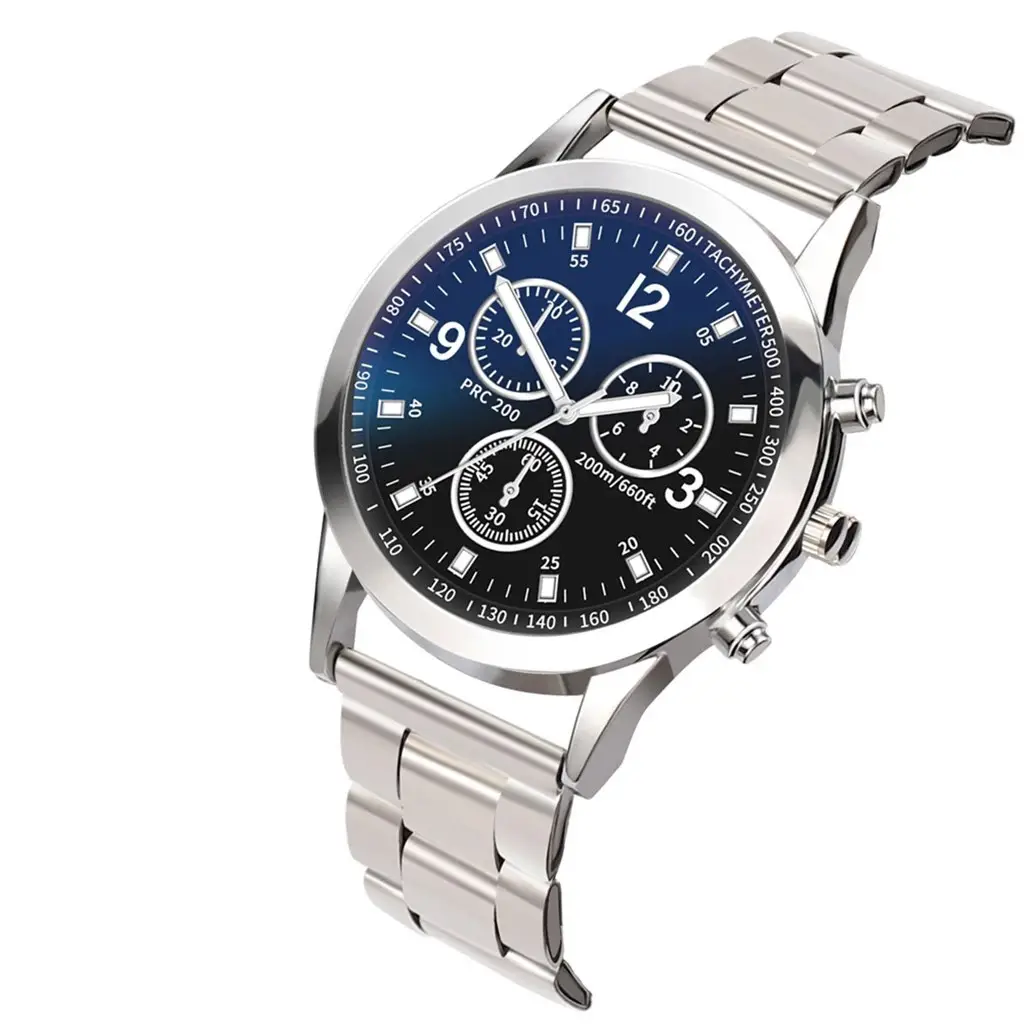 Factory Direct Sale of Colorful Blue Light Glass Three-Eye Steel Band Watch, Men's Quartz Watch, Gift for Men, Cross-Border Watch