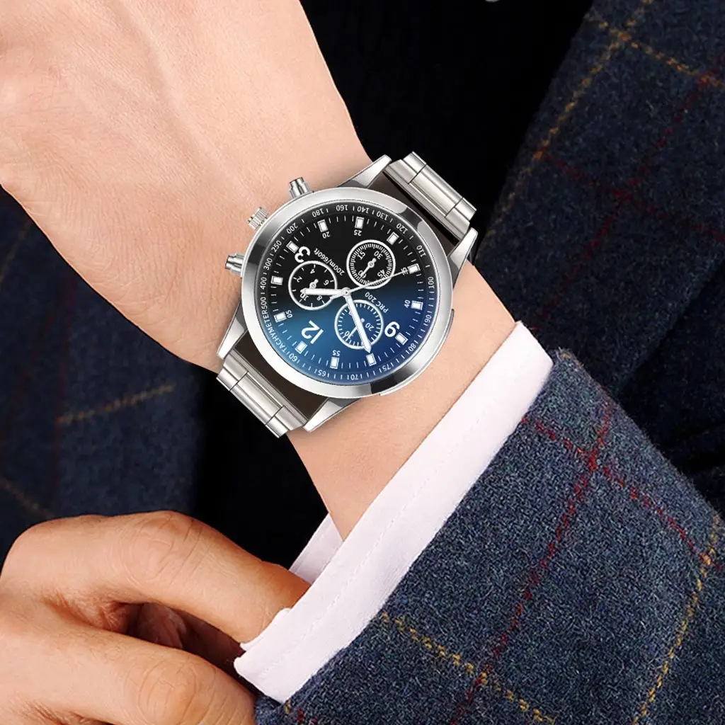 Factory Direct Sale of Colorful Blue Light Glass Three-Eye Steel Band Watch, Men's Quartz Watch, Gift for Men, Cross-Border Watch