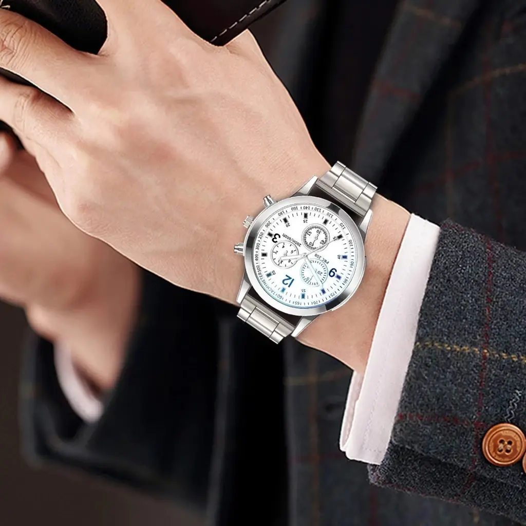 Factory Direct Sale of Colorful Blue Light Glass Three-Eye Steel Band Watch, Men's Quartz Watch, Gift for Men, Cross-Border Watch