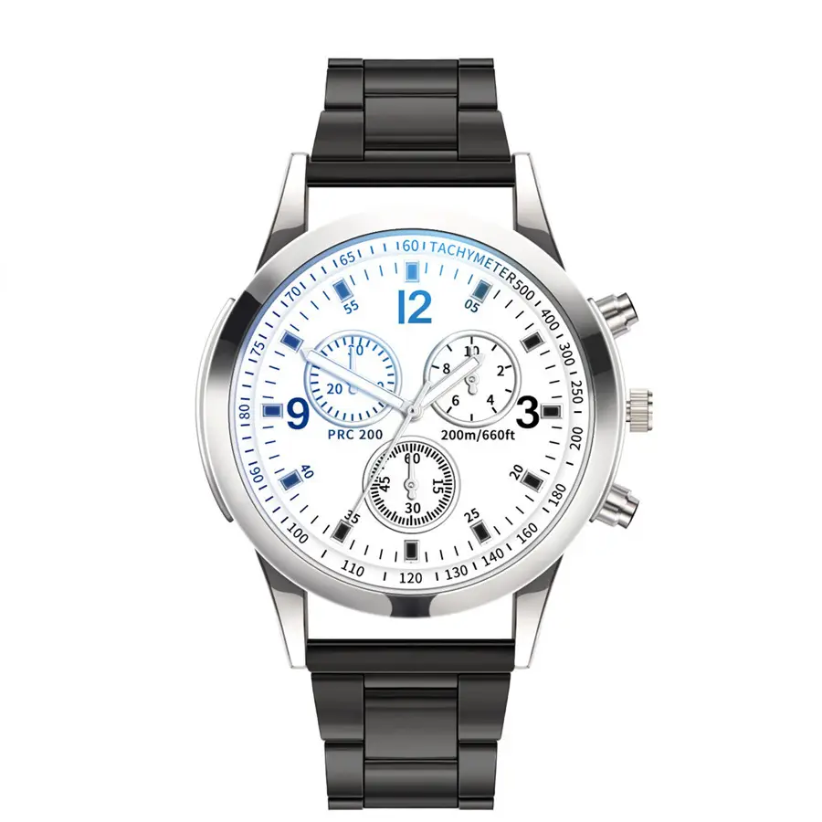 Factory Direct Sale of Colorful Blue Light Glass Three-Eye Steel Band Watch, Men's Quartz Watch, Gift for Men, Cross-Border Watch