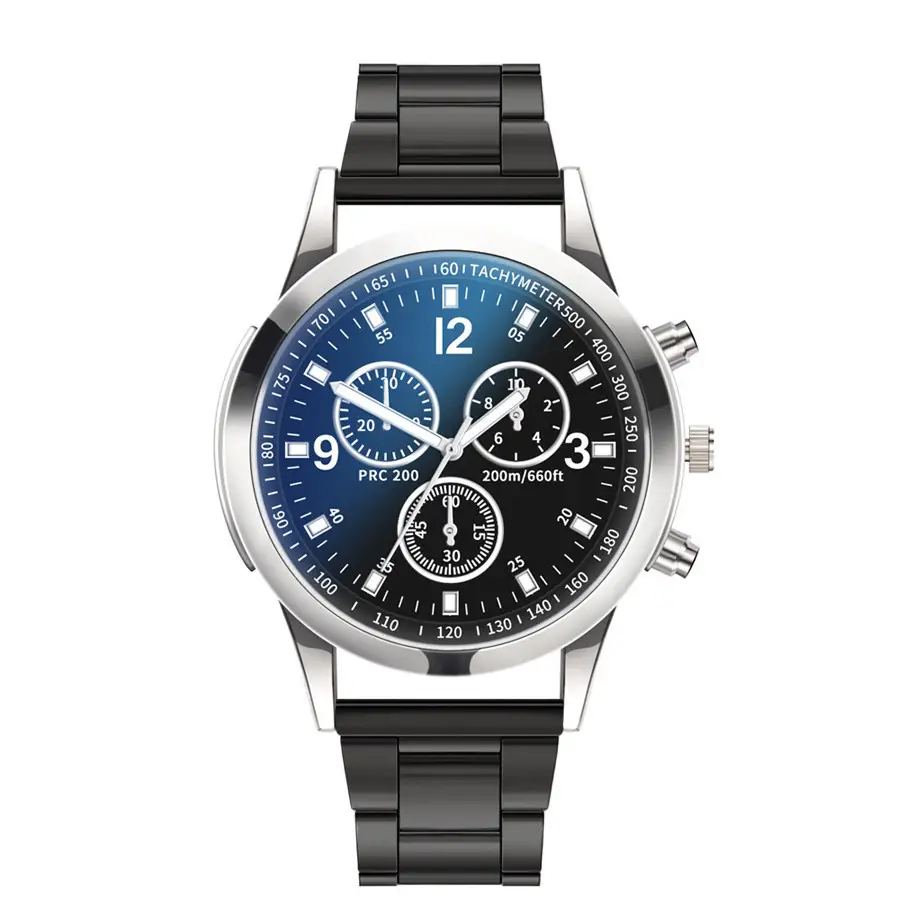 Factory Direct Sale of Colorful Blue Light Glass Three-Eye Steel Band Watch, Men's Quartz Watch, Gift for Men, Cross-Border Watch
