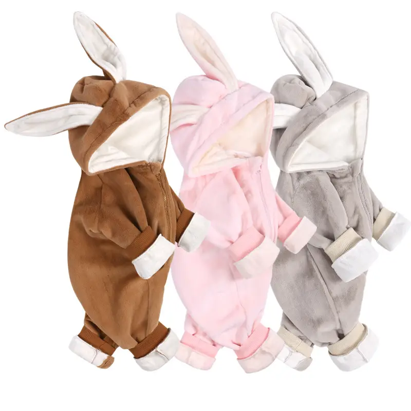 Newborn Baby Rabbit Ear Winter Jumpsuit Fleece Lined Brown Pink Grey - Image 9