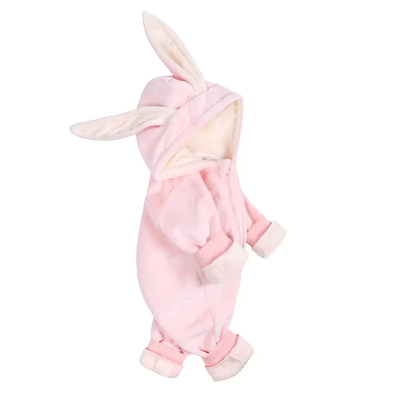 Newborn Baby Rabbit Ear Winter Jumpsuit Fleece Lined Brown Pink Grey - Image 2