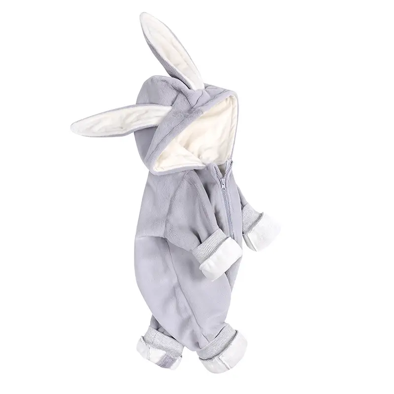 Newborn Baby Rabbit Ear Winter Jumpsuit Fleece Lined Brown Pink Grey - Image 3