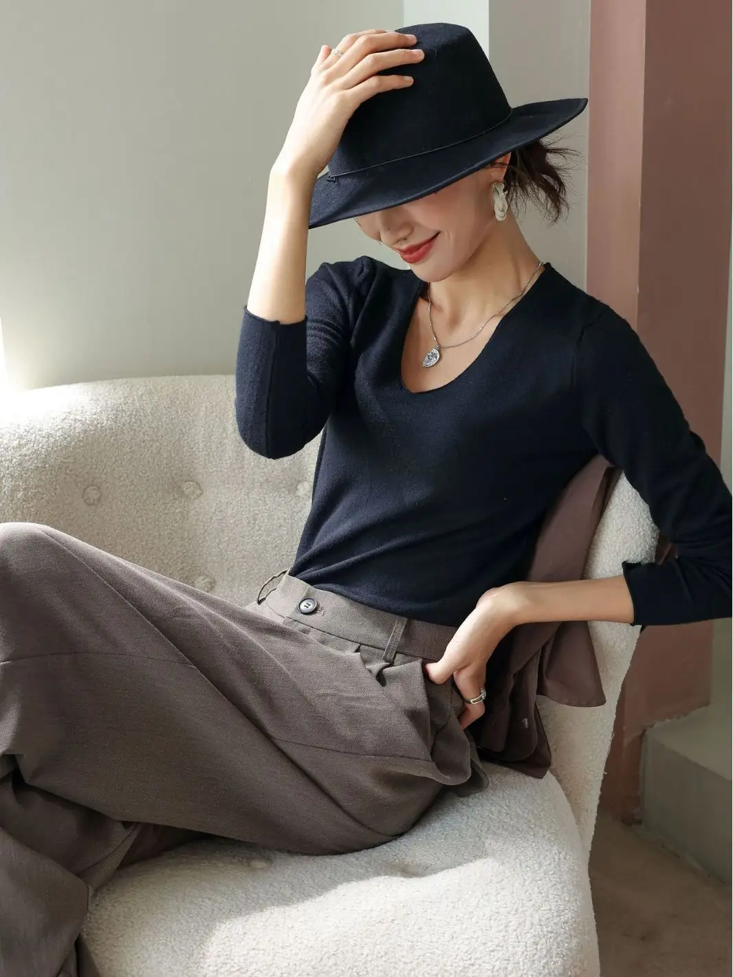 Women V-Neck Long Sleeve T-Shirt Slim Fit Base Top