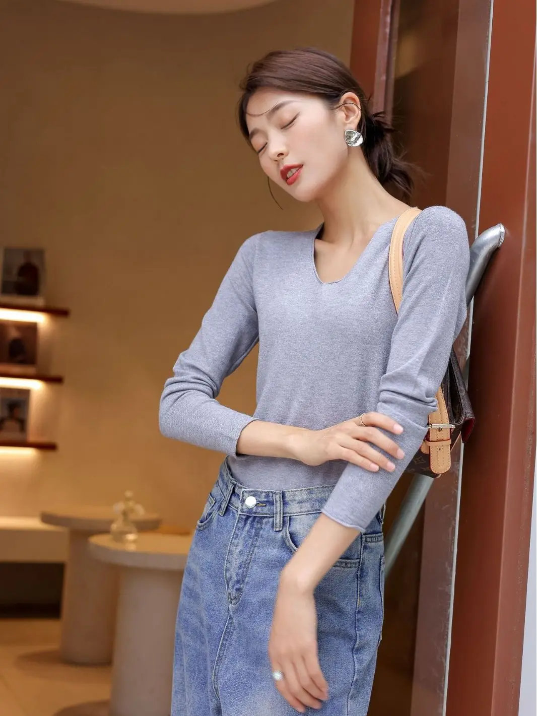 Women V-Neck Long Sleeve T-Shirt Slim Fit Base Top