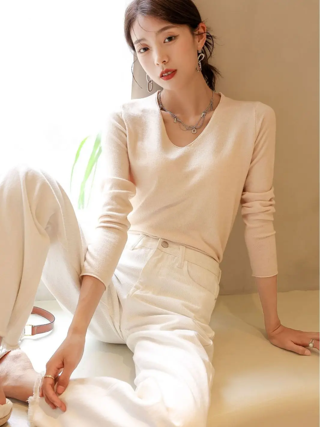 Women V-Neck Long Sleeve T-Shirt Slim Fit Base Top