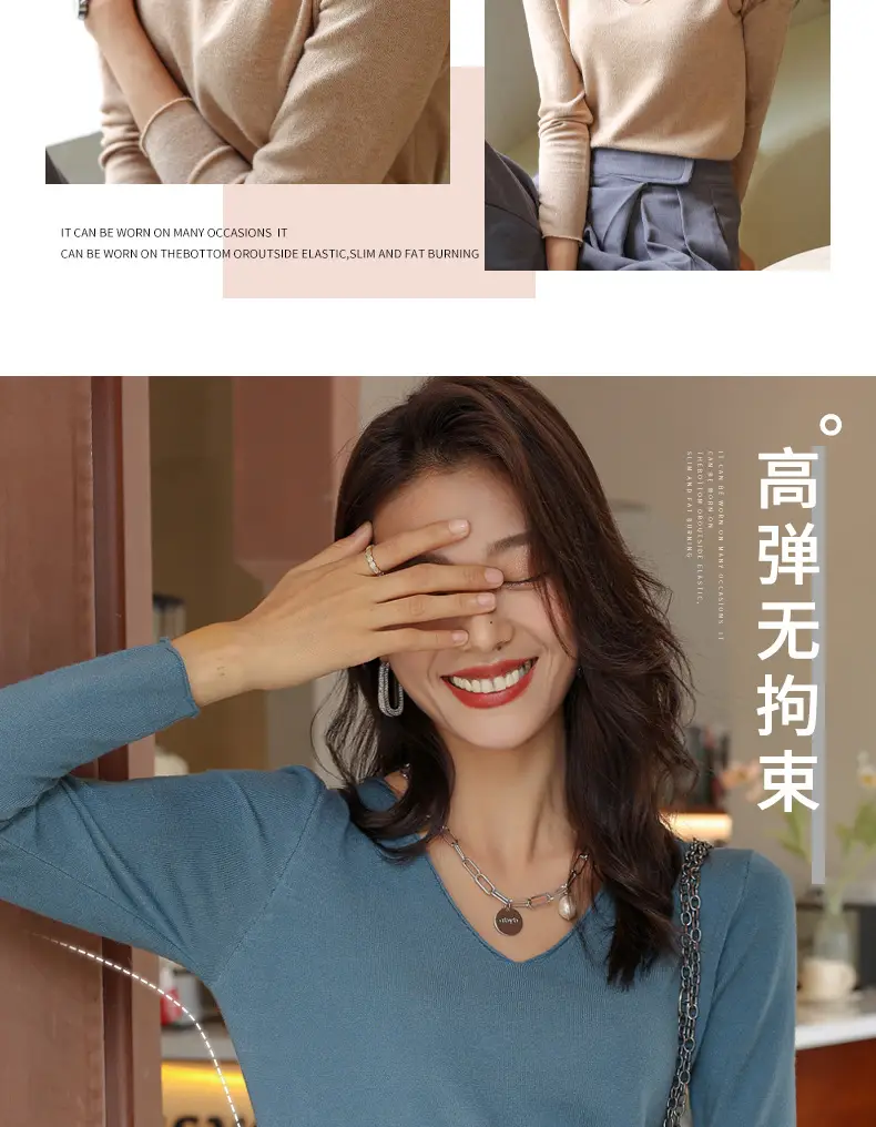 Women V-Neck Long Sleeve T-Shirt Slim Fit Base Top — feature 11