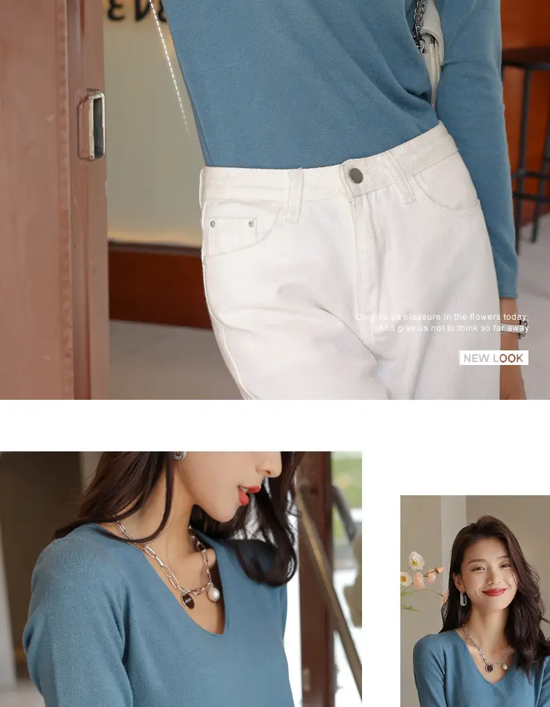 Women V-Neck Long Sleeve T-Shirt Slim Fit Base Top — feature 12