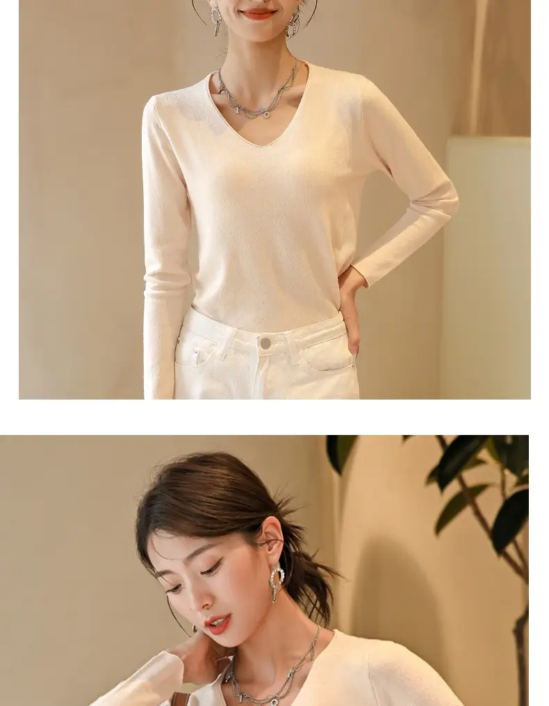 Women V-Neck Long Sleeve T-Shirt Slim Fit Base Top — feature 17