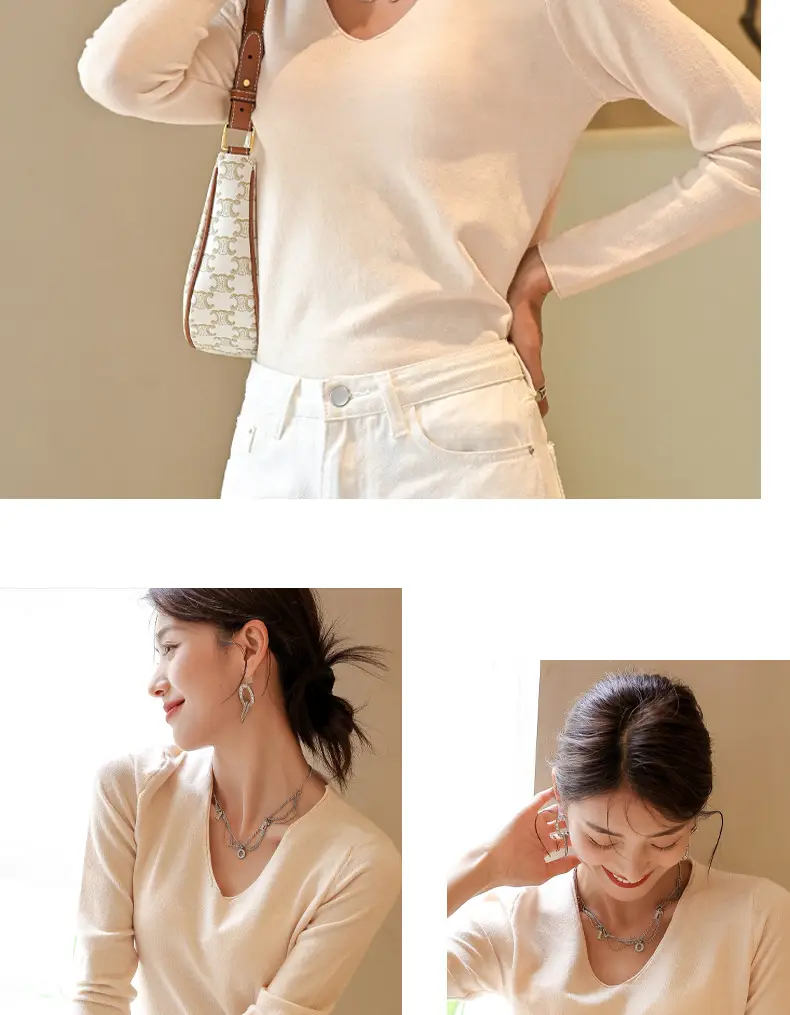 Women V-Neck Long Sleeve T-Shirt Slim Fit Base Top — feature 18