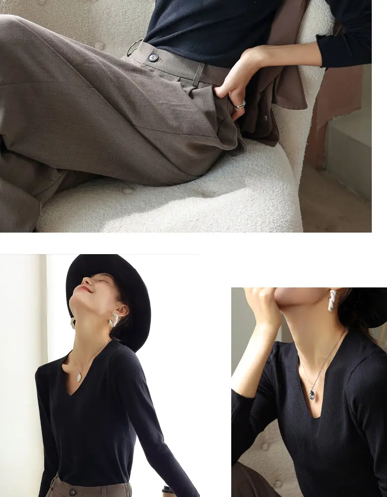 Women V-Neck Long Sleeve T-Shirt Slim Fit Base Top — feature 21