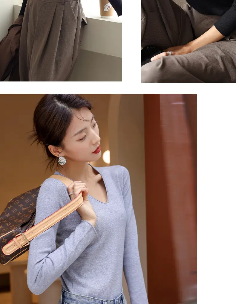 Women V-Neck Long Sleeve T-Shirt Slim Fit Base Top — feature 22