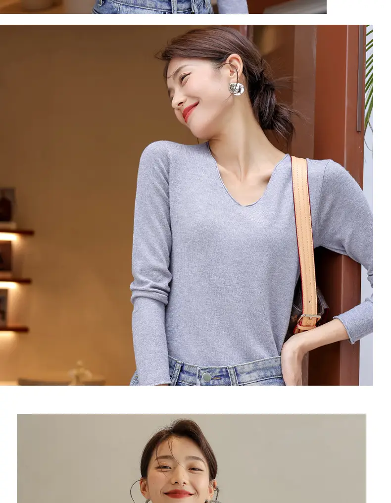 Women V-Neck Long Sleeve T-Shirt Slim Fit Base Top — feature 23