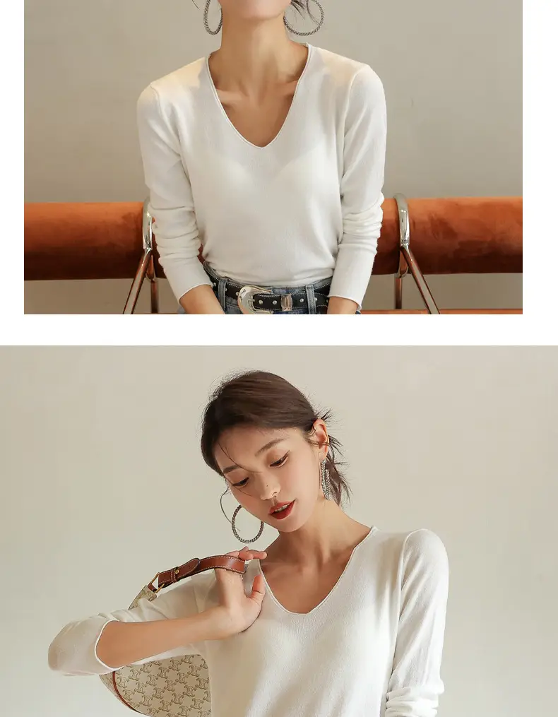Women V-Neck Long Sleeve T-Shirt Slim Fit Base Top — feature 24