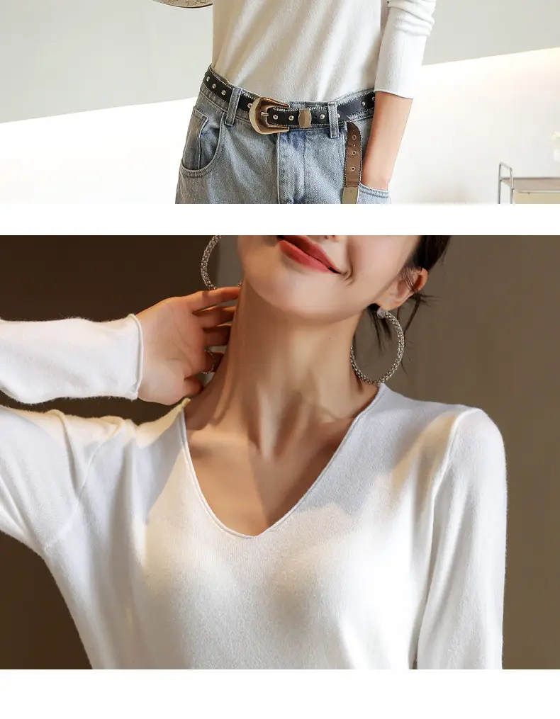 Women V-Neck Long Sleeve T-Shirt Slim Fit Base Top — feature 25