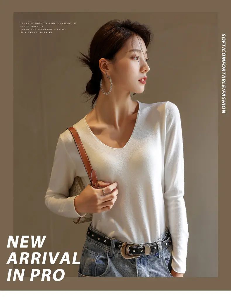Women V-Neck Long Sleeve T-Shirt Slim Fit Base Top — feature 3