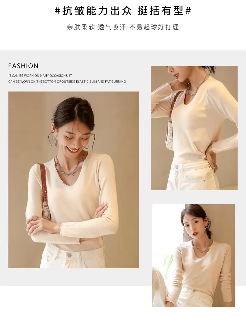 Women V-Neck Long Sleeve T-Shirt Slim Fit Base Top — feature 7