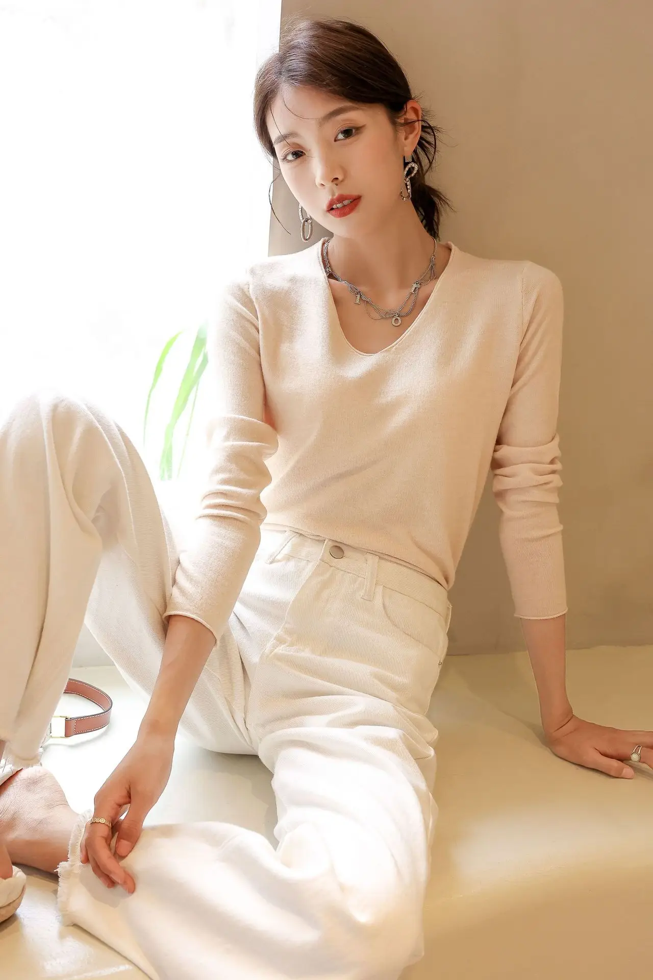 Women V-Neck Long Sleeve T-Shirt Slim Fit Base Top