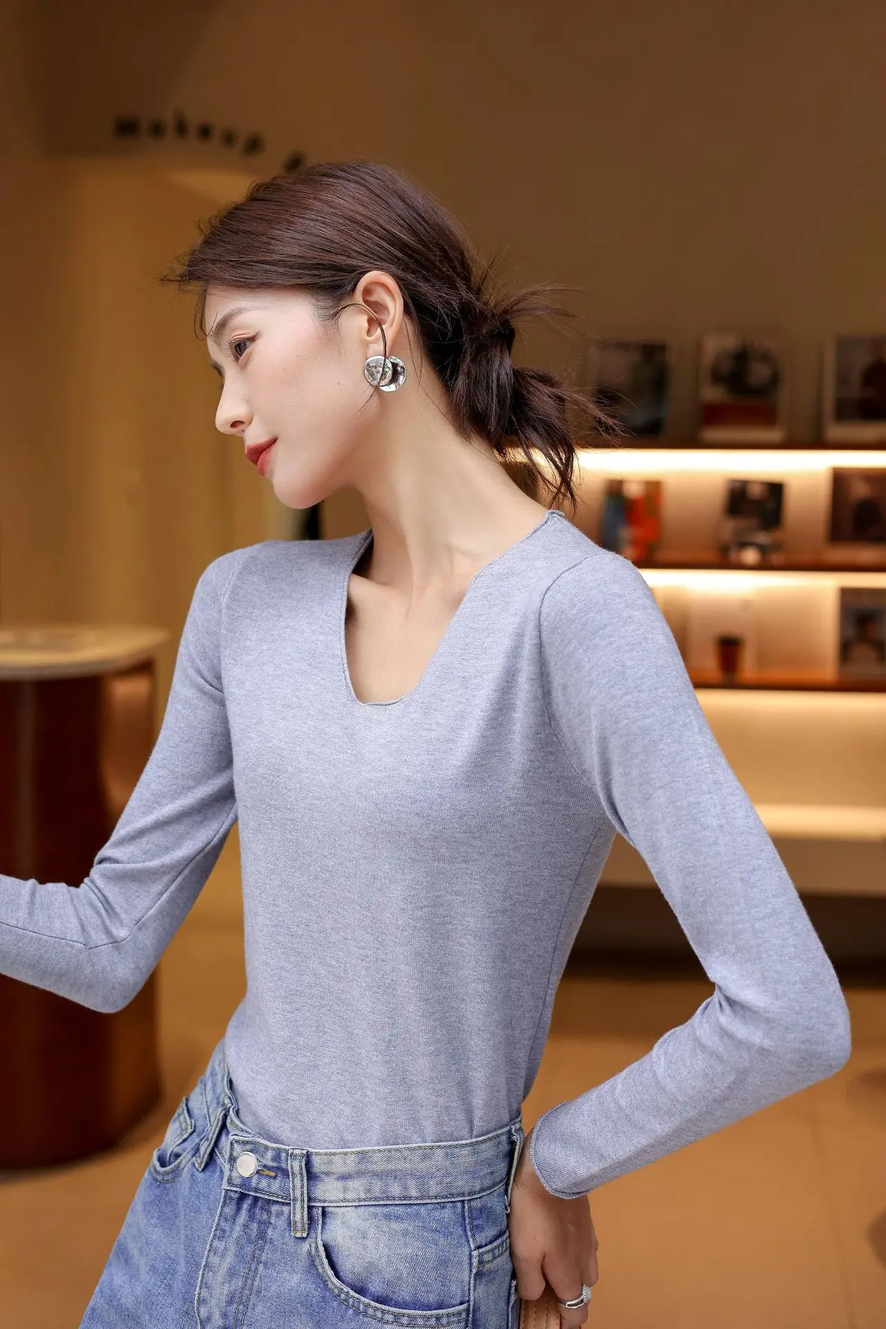 Women V-Neck Long Sleeve T-Shirt Slim Fit Base Top