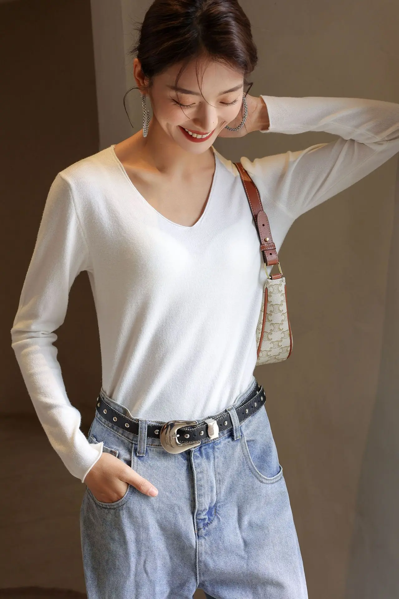 Women V-Neck Long Sleeve T-Shirt Slim Fit Base Top
