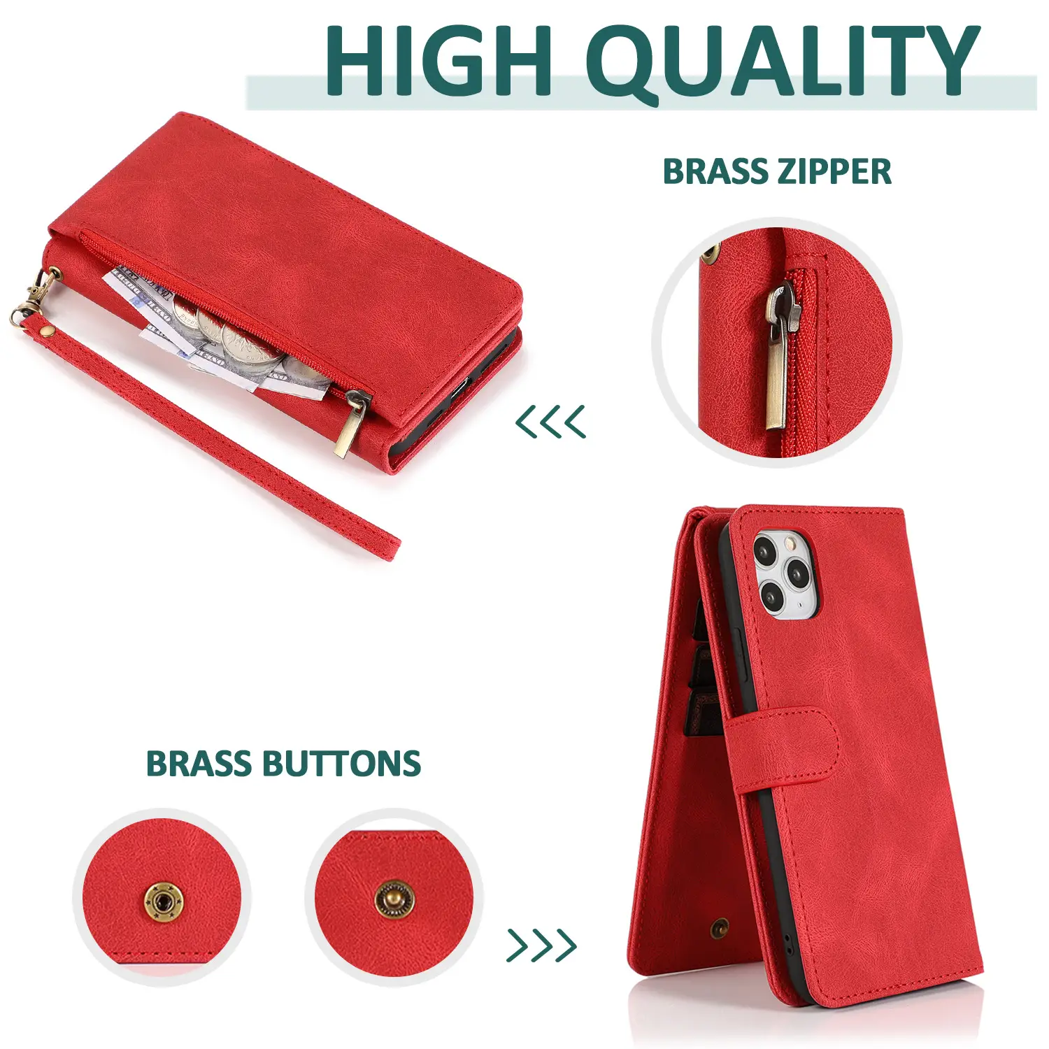 Pink Leather iPhone 13 Pro MAX Zipper Case with Brass Buttons - Image 9