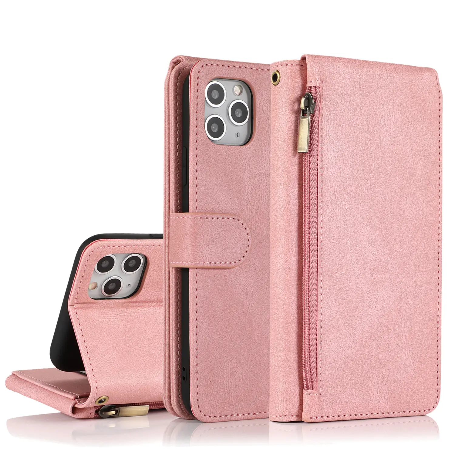 Pink Leather iPhone 13 Pro MAX Zipper Case with Brass Buttons - Image 10