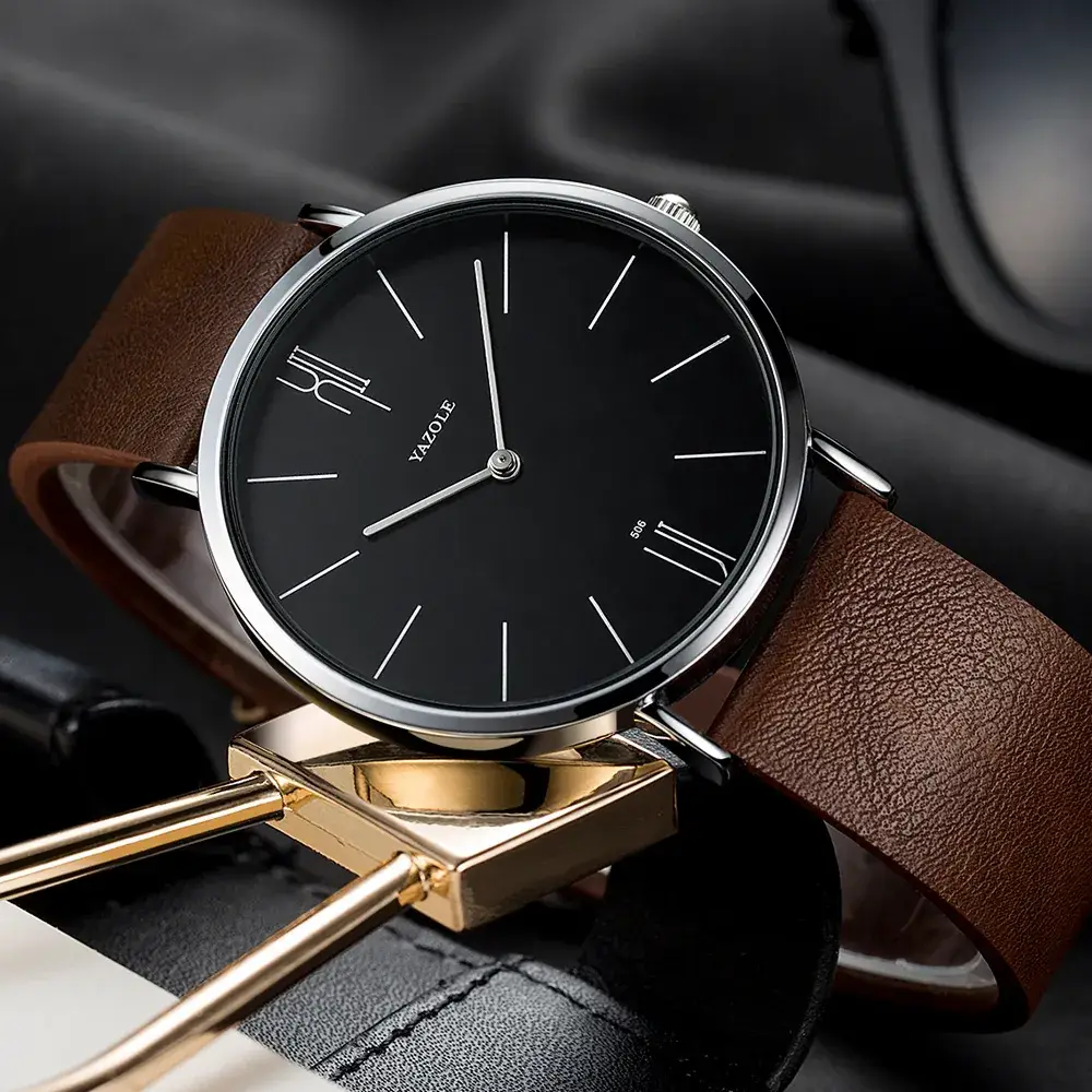 Men's Black Dial Quartz Watch with Leather Strap