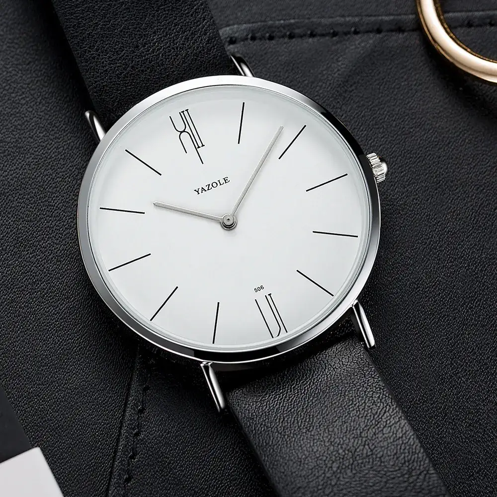 Men's Black Dial Quartz Watch with Leather Strap