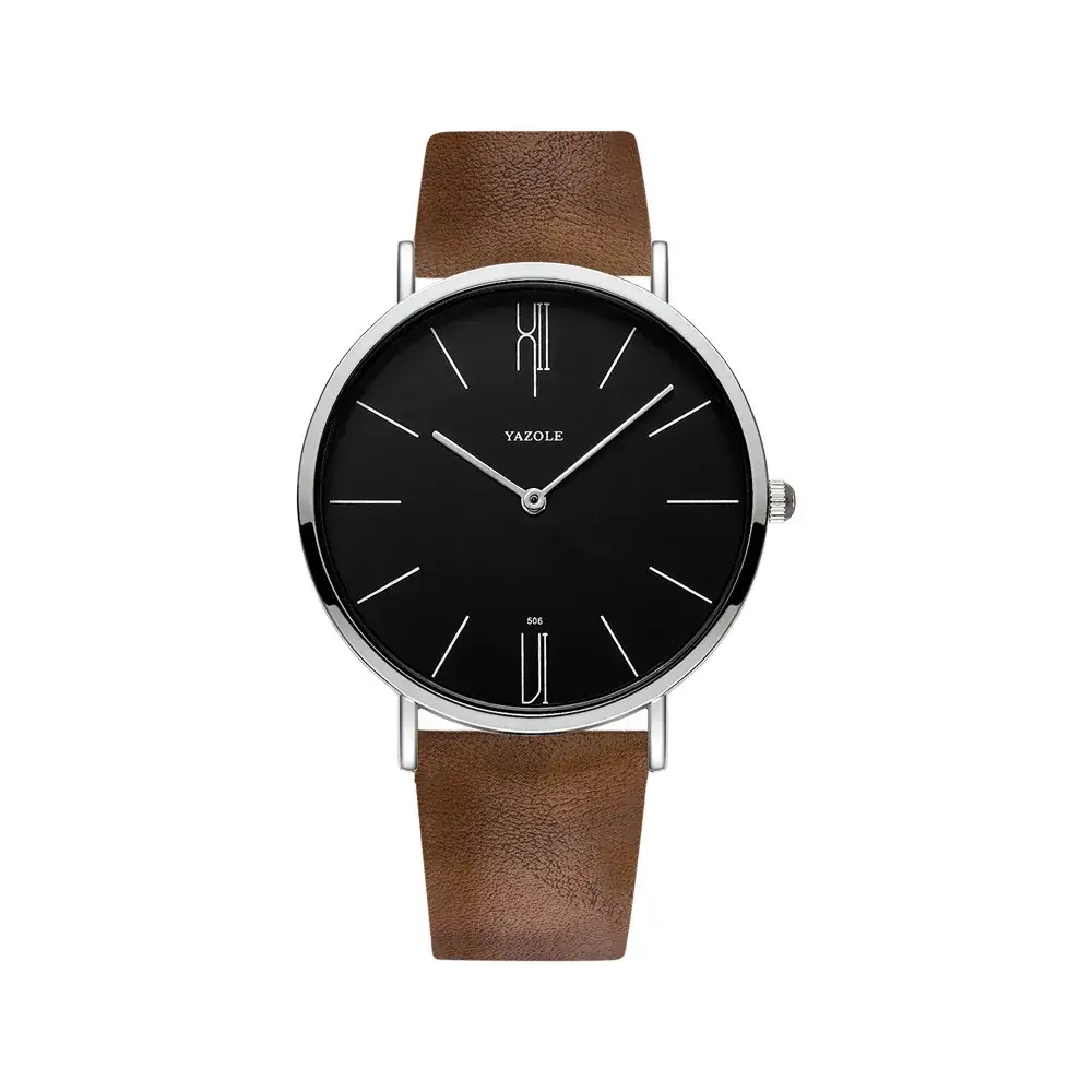 Men's Black Dial Quartz Watch with Leather Strap