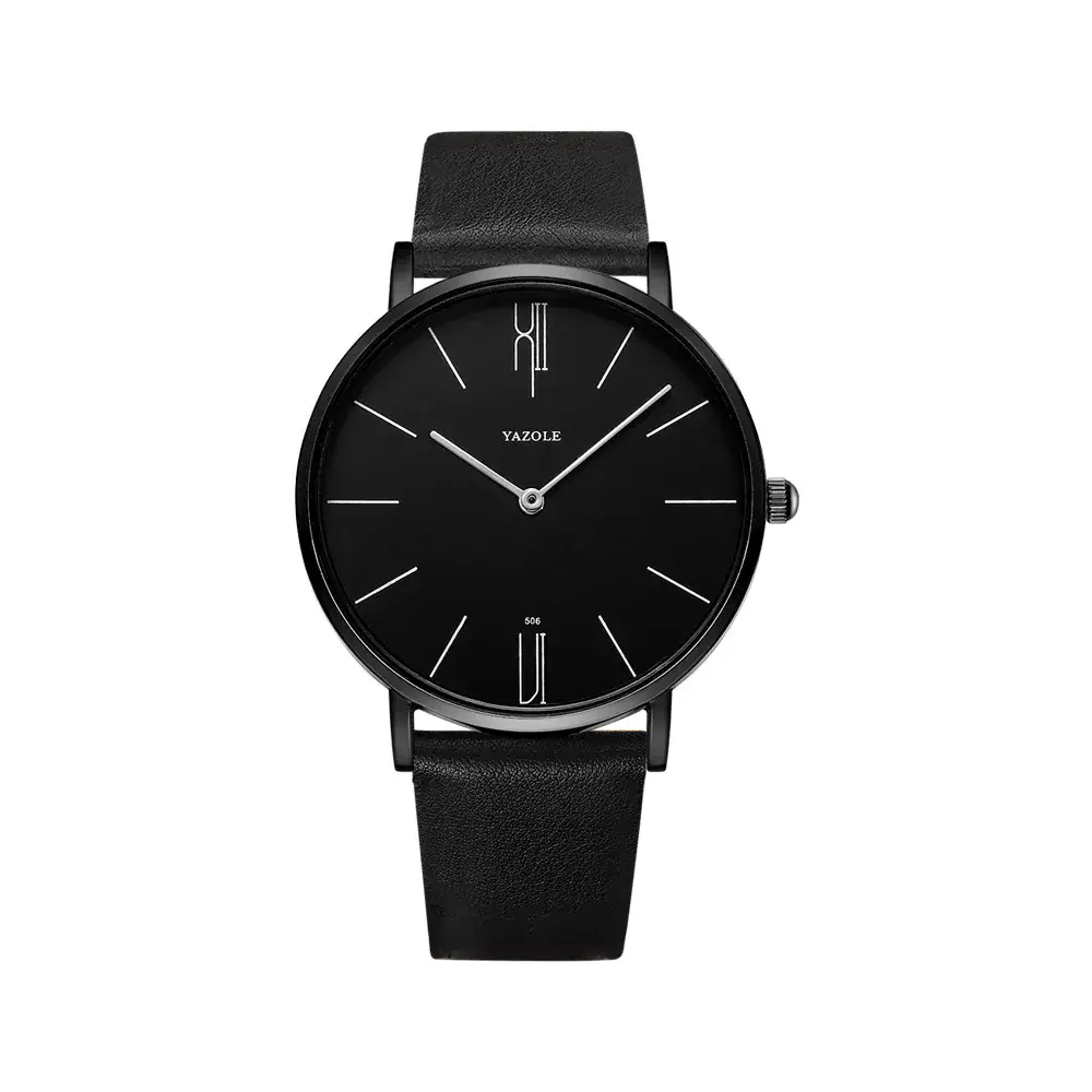Men's Black Dial Quartz Watch with Leather Strap