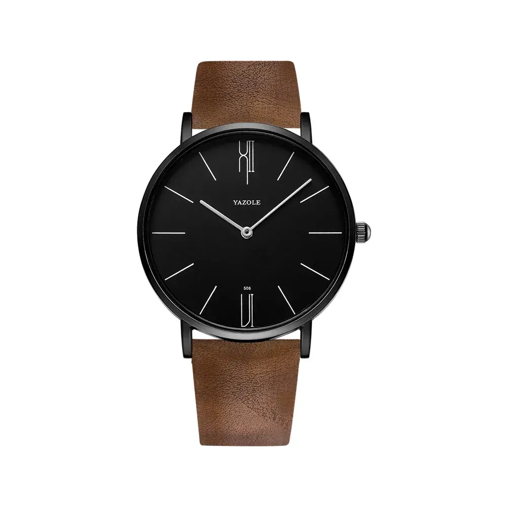 Men's Black Dial Quartz Watch with Leather Strap