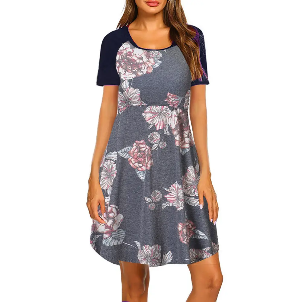 Maternity Floral Nightgown Grey Blue Round Neck - Image 9