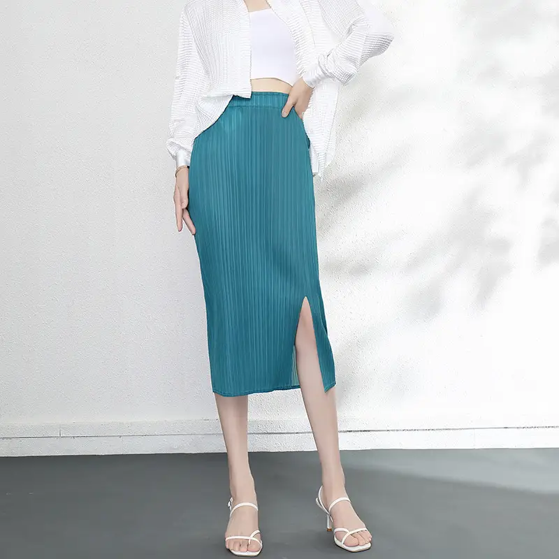 Dark Blue Pleated Mid-Length Skirt with Slit & Elastic Waist