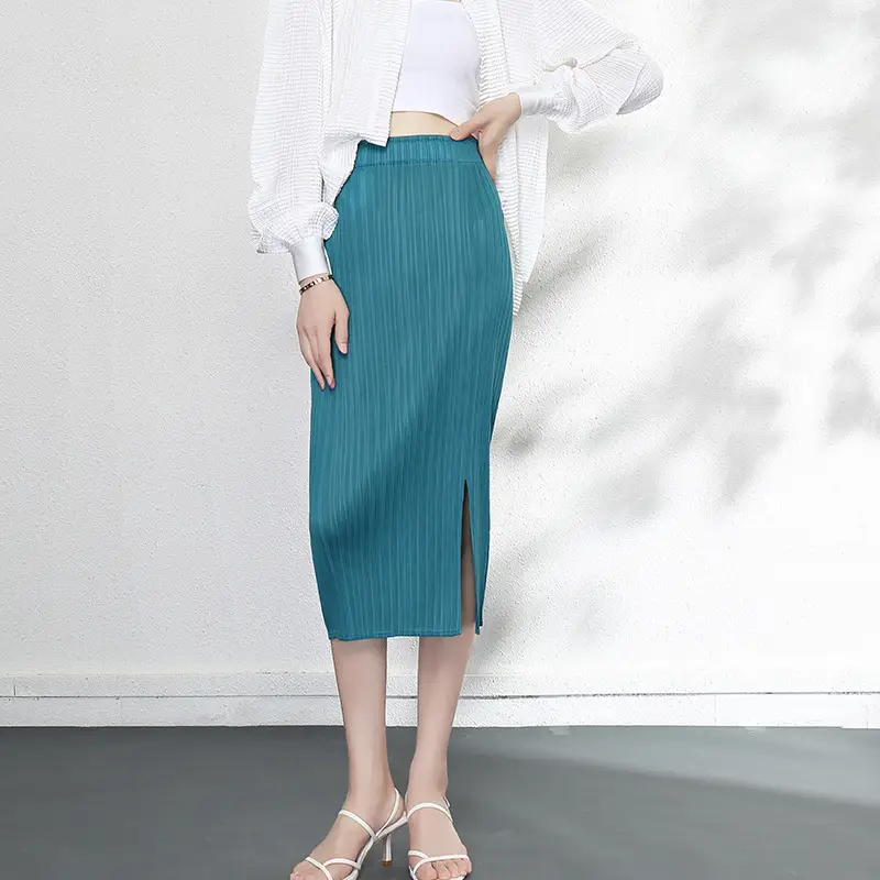 Dark Blue Pleated Mid-Length Skirt with Slit & Elastic Waist