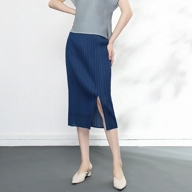 Dark Blue Pleated Mid-Length Skirt with Slit & Elastic Waist