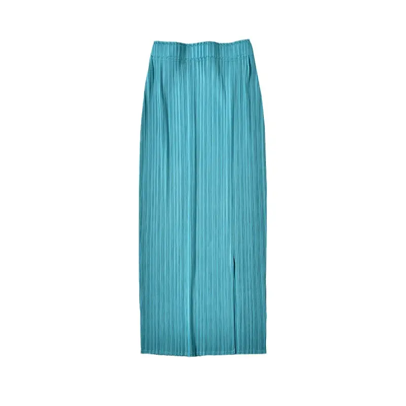 Dark Blue Pleated Mid-Length Skirt with Slit & Elastic Waist